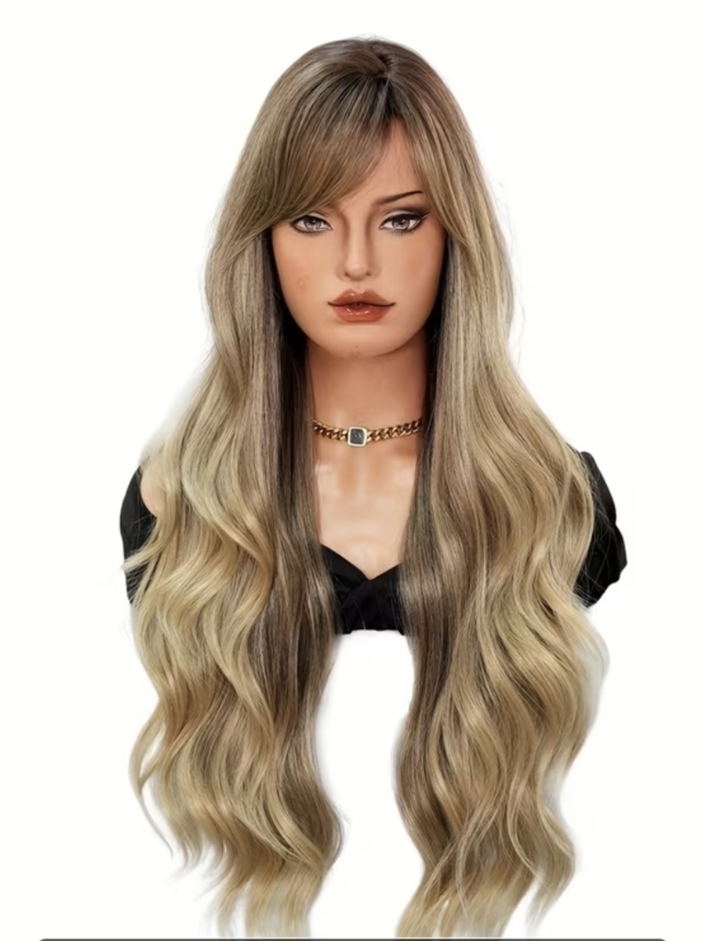 Long Wavy Blonde Ombre Women's Wig with Subtle Brown Roots 26" 26 Inch